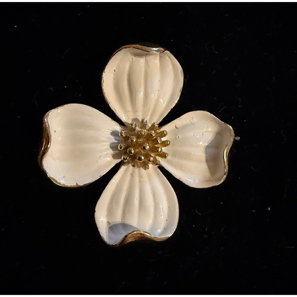 Vintage Trifari Dogwood Flower Pendant Gold & White